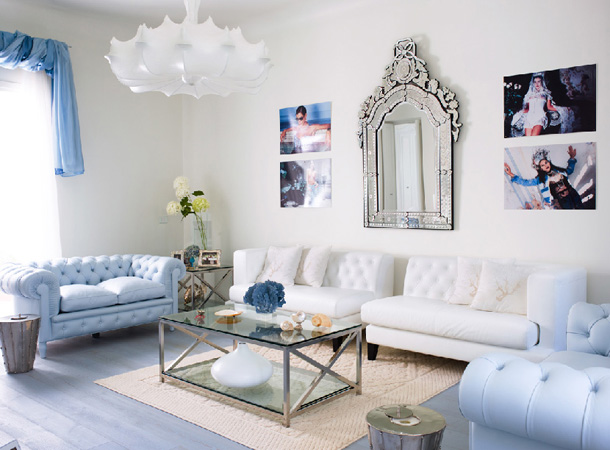 Modern chic white and blue living room
