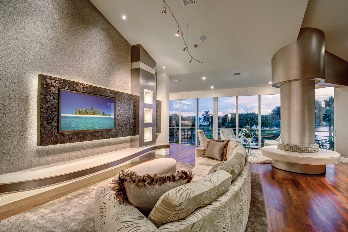 Luxury living room with mosaic wall