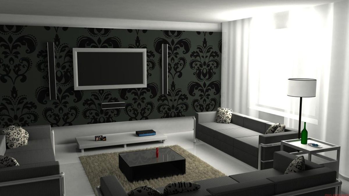 Mounted Wall Tv with Black modern Wallpaper