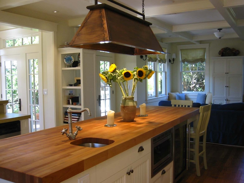 Transitional Kitchen with Butcher Block Counters and White Cabinets